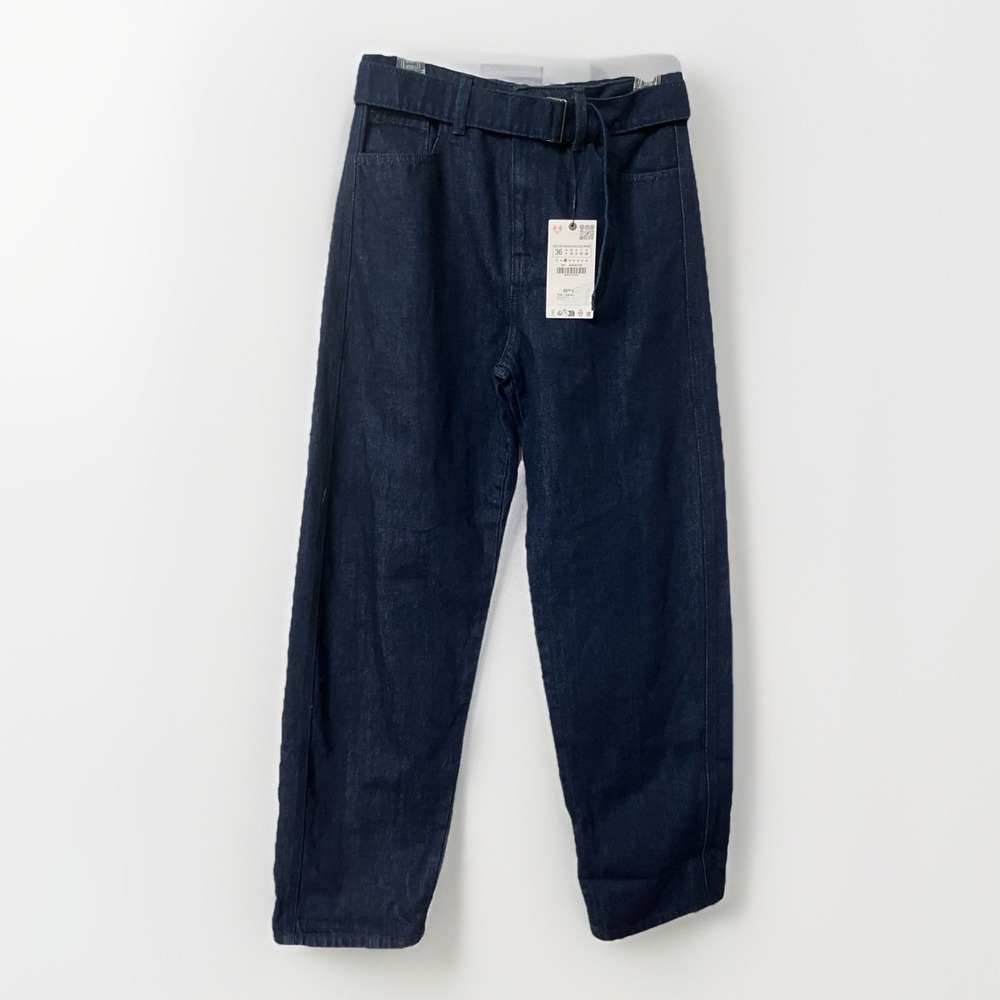 Zara The Belted Denim Pant Indigo Blue High Rise Straight Leg Jeans Size 4 NWT
